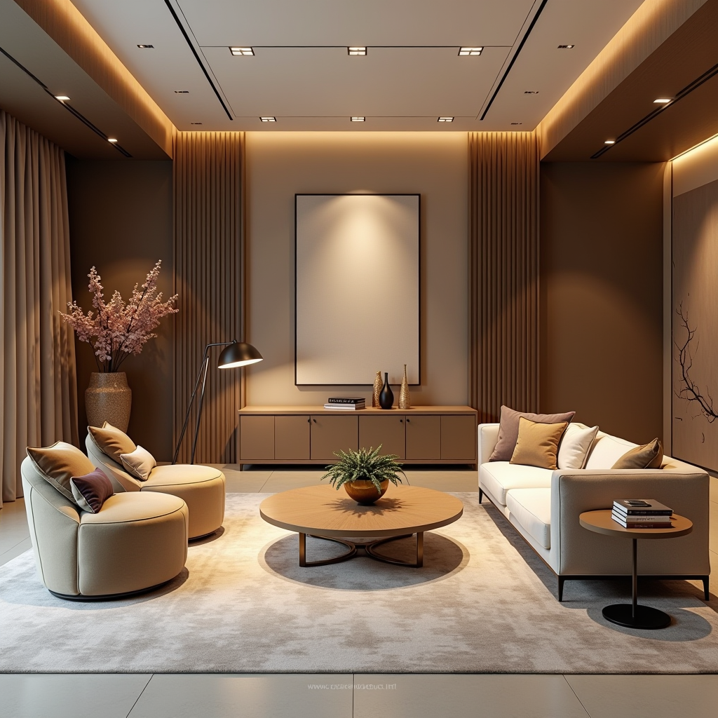 Elegante studio di design a Milano con interni moderni, mobili italiani di lusso, illuminazione sofisticata e dettagli in oro champagne