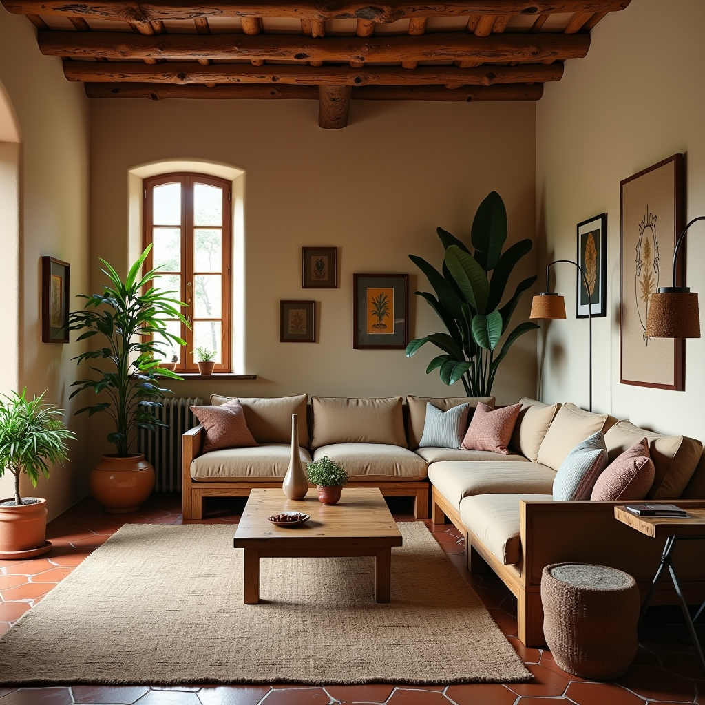 Accogliente soggiorno in stile toscano con palette di colori terrosi, mobili in legno naturale, pavimenti in terracotta, tessuti texturizzati e decorazioni rustiche che catturano l'essenza della campagna italiana