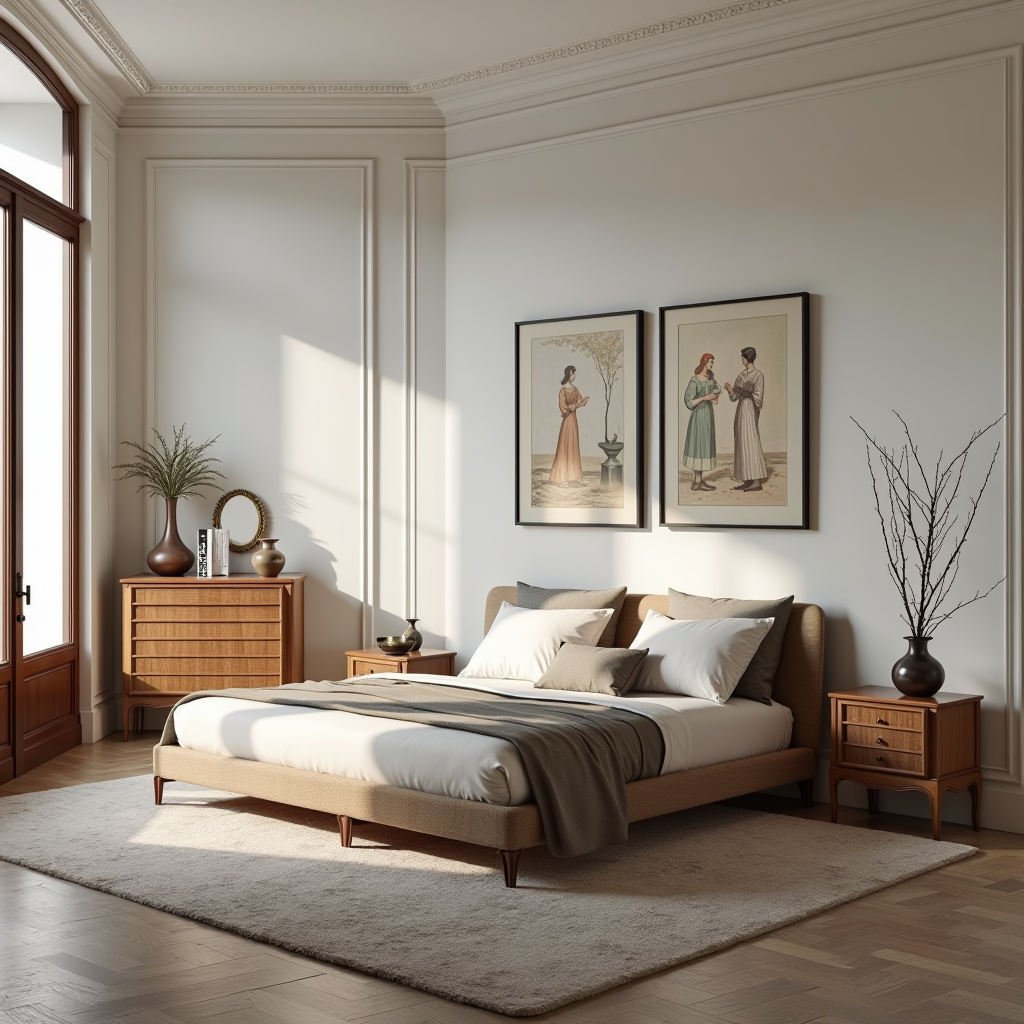 Camera da letto elegante in un appartamento milanese che mostra una perfetta fusione di mobili contemporanei e vintage, con un letto moderno a piattaforma, una cassettiera antica in legno, comodini mid-century, palette di colori neutri e morbidi, luce naturale che filtra attraverso ampie finestre, opere d'arte vintage curate sulle pareti, tessuti lussuosi e oggetti decorativi selezionati con cura che creano un'atmosfera armoniosa e senza tempo