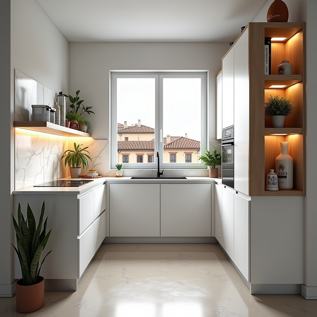 Cucina compatta moderna in un appartamento italiano con mobili bianchi lucidi, elettrodomestici in acciaio inox integrati, illuminazione a LED sotto i pensili, piano di lavoro in marmo bianco, e soluzioni di storage verticale intelligenti. Vista dall'alto che mostra l'efficiente layout a L con finestra che si affaccia sui tetti di terracotta italiani