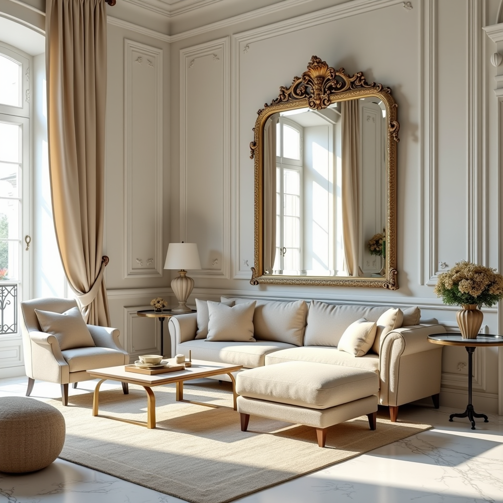 Elegant Italian living room in a historic building featuring strategically placed ornate mirrors reflecting natural light from tall windows, light-colored walls in warm ivory tones, polished marble floors, and carefully arranged furniture to maximize light flow throughout the space