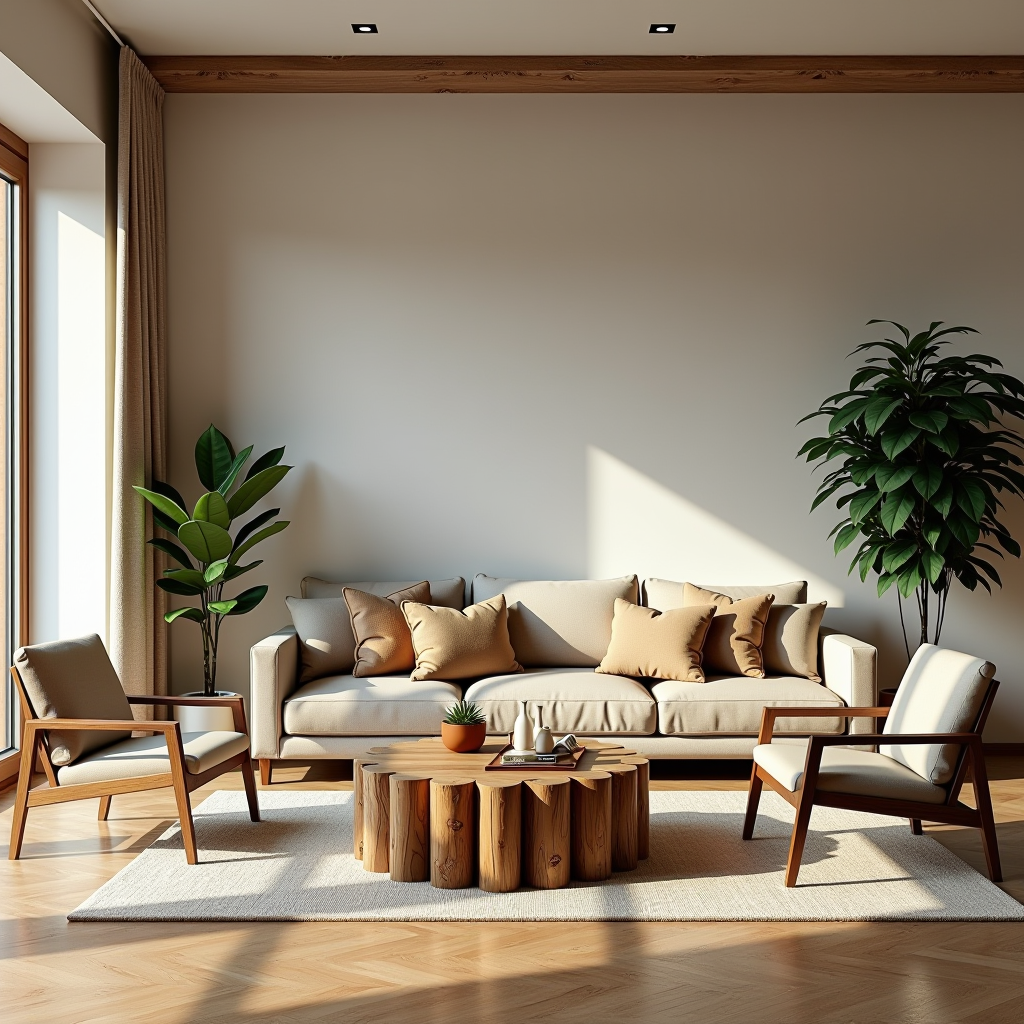 Elegante soggiorno italiano sostenibile con mobili in legno recuperato, tessuti in fibre naturali, piante da interno e illuminazione a basso consumo energetico in un ambiente contemporaneo minimalista