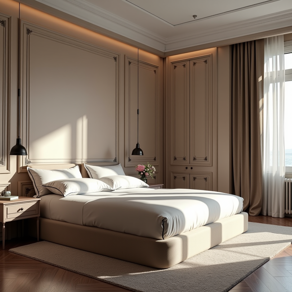 Elegante camera da letto che combina perfettamente mobili contemporanei con pezzi vintage, mostrando equilibrio di scala, proporzioni armoniose e schema di colori coeso in un appartamento milanese