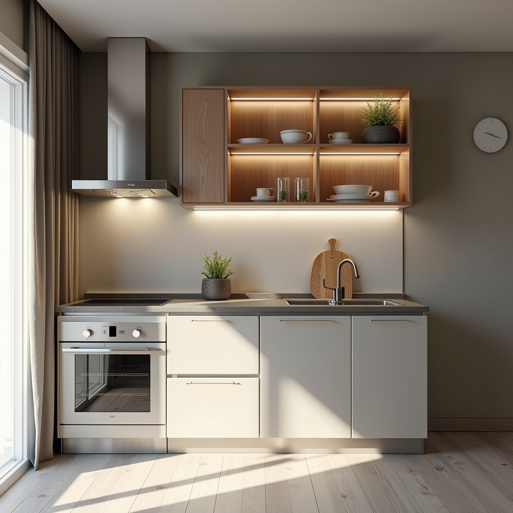 Cucina compatta in appartamento italiano con soluzioni di archiviazione intelligenti, mobili multifunzionali, elettrodomestici salvaspazio e design ottimizzato per massimizzare funzionalità in spazi ridotti