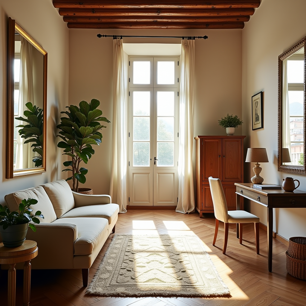 Stanza luminosa e accogliente in casa storica italiana con posizionamento strategico di specchi, trattamenti per finestre ottimali, superfici riflettenti e illuminazione artificiale efficace per massimizzare la luce naturale
