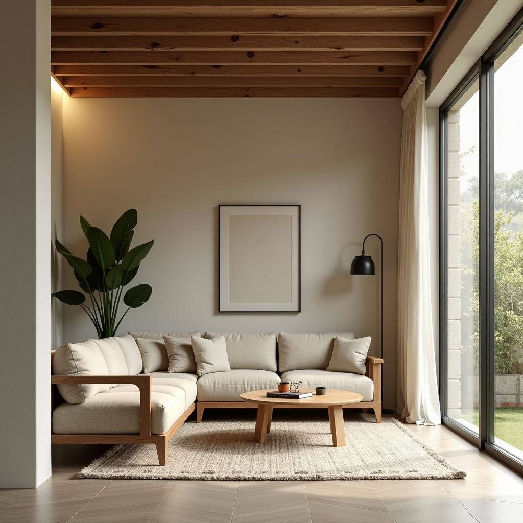 Interno elegante e sostenibile con mobili in legno riciclato, fibre naturali, vernici a basso VOC, illuminazione efficiente e elementi decorativi eco-compatibili che combinano stile italiano con responsabilità ambientale